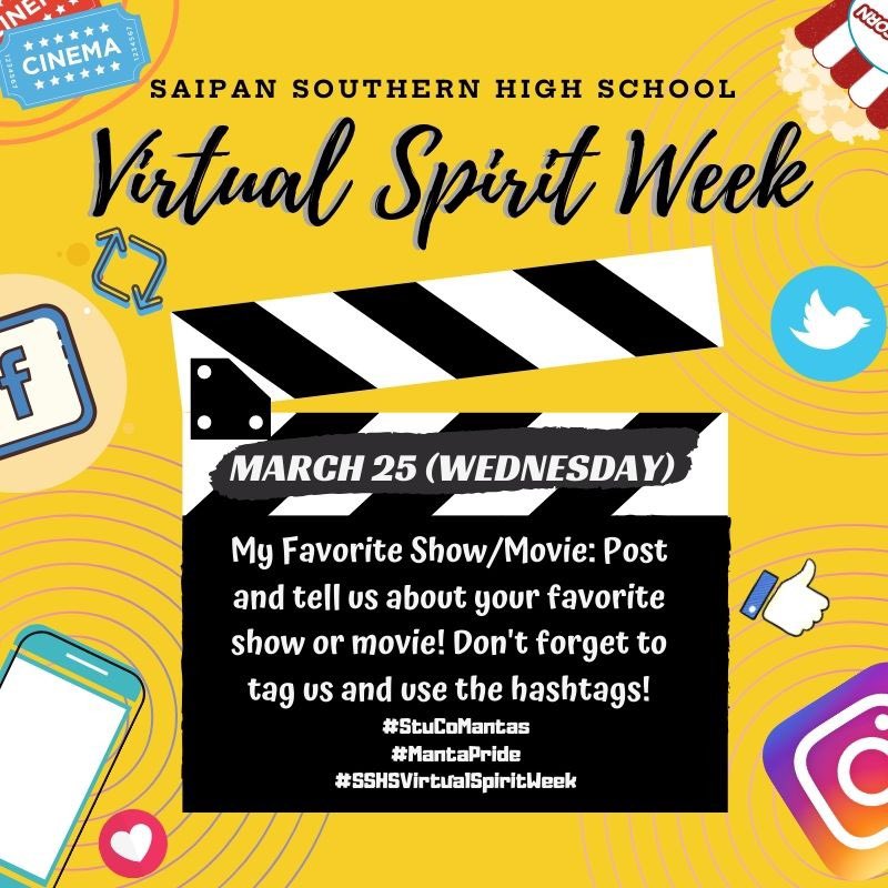 StucoMantas's tweet photo. Have a favorite movie/show? Snap a picture or a video and tell us all about it! ππΏ Tag us and use the hashtags #SSHSVirtualSpiritWeek #STUCOMantas #MantaPride to get class points!! Have a great day, Mantas! π https://t.co/Zzfbi774Vr