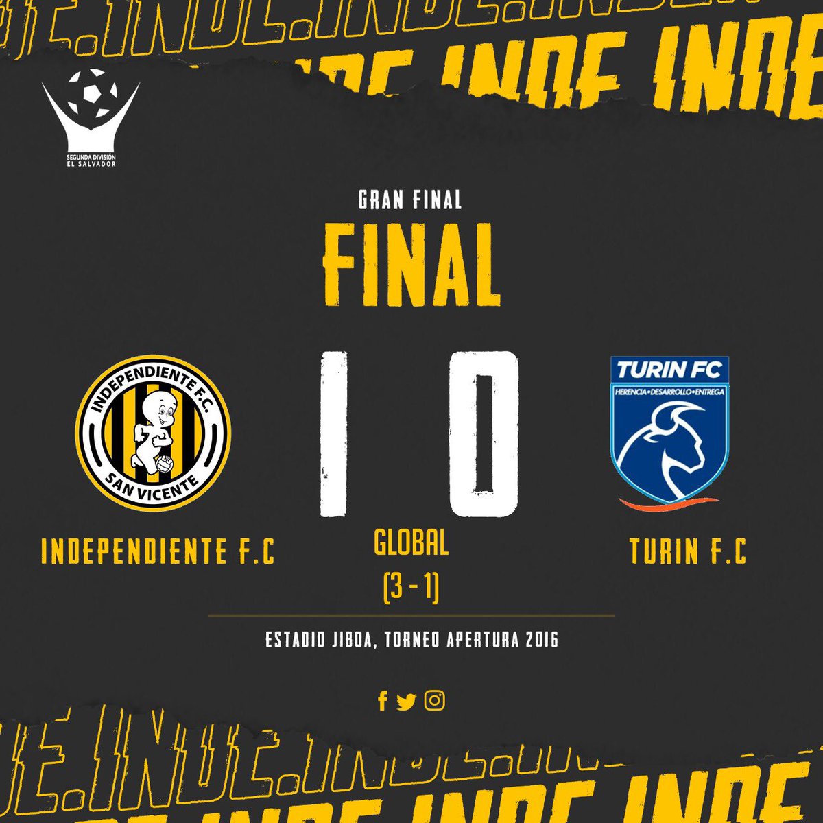 ⏱FINAL DEL PARTIDO | 👻IndependienteFC 1-0 Turín FC 🐂
 INDEPENDIENTE ES CAMPEÓN DEL APERTURA 2016🔥👻
Global ➡️ (3-1) Juego de vuelta 

#FinalAP2016 #VamosInde  #2daDivisión