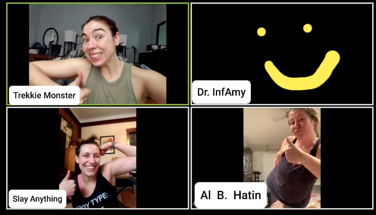 What are the Chix doing during isolation? Working out together on Zoom! Thanks for putting together that workout for us, Al!
.
*InfAmy's camera wasn't working. Improvisations were made for this post.