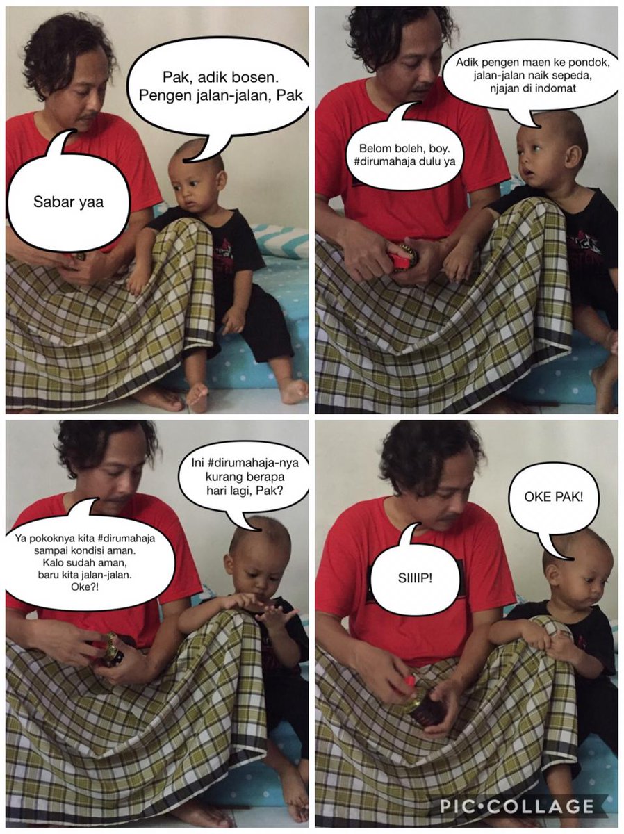 Penyegaran timeline. 

Adik saya iseng membuat komik edisi #DiRumahAja featuring anak dan suaminya.. 😊