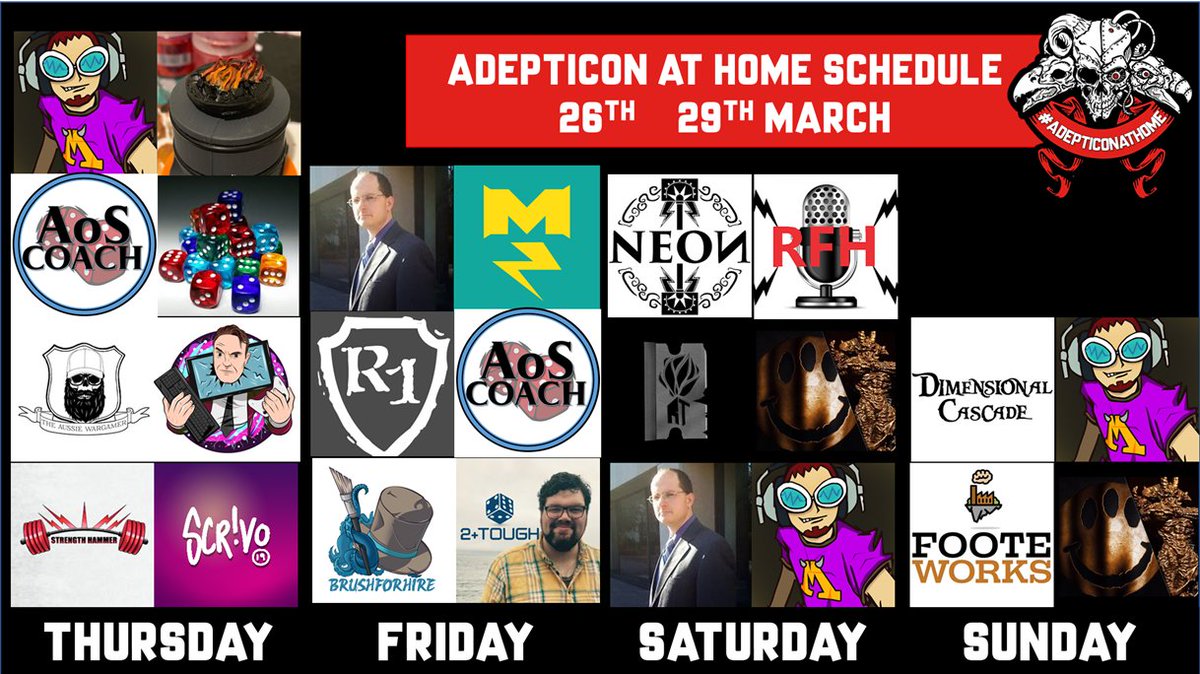 AoSCoach's tweet photo. #AdepticonAtHome schedule is now live: https://t.co/tmZr3GdBZH . This weekend a host of creators are coming together to entertain you &amp; keep the hobby fuel burning during this challenging time. We'll have hobby hangouts, battle reports, interviews, and more! https://t.co/CoLvnjZmNw