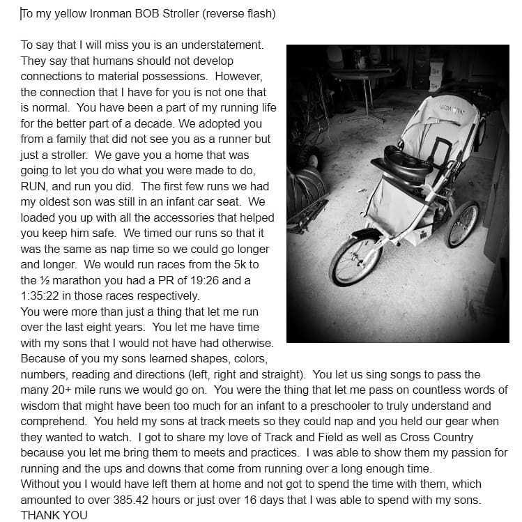 BPsci_teacher's tweet photo. To my #bobironmanstroller 
Thanks for the memories, the time spent with my boys was worth every penny. #dadrunner #running #runningdad https://t.co/Np05FFyY3P