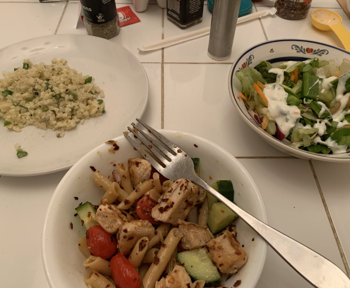 Leftover/clean out fridge night! Leftover pasta and vegetables became chicken pasta salad, with a side of cauliflower risotto and a salad.