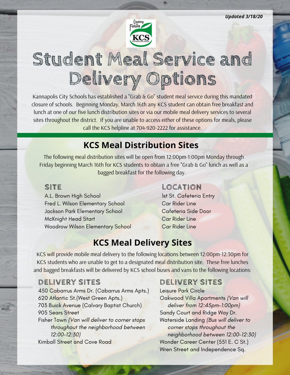 KCS_NC's tweet photo. Meal delivery options 5 days per week through May 15th including Good Friday and Spring Break! @CabarrusHealth  @CityofKannapolis  @CabarrusCounty  #KCStogether #wegotyouKCS https://t.co/Ny78cyyM8x
