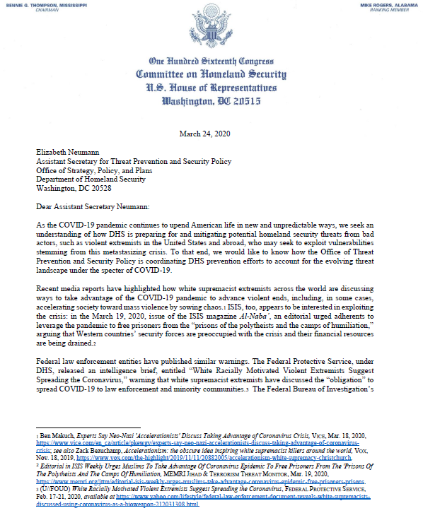 HomelandDems's tweet image. After reports this week show white supremacist extremists may try to take advantage of the coronavirus pandemic, Chairman @BennieGThompson &amp;amp; @RepMaxRose inquire on the Fed govt plans to counter this potential threat.