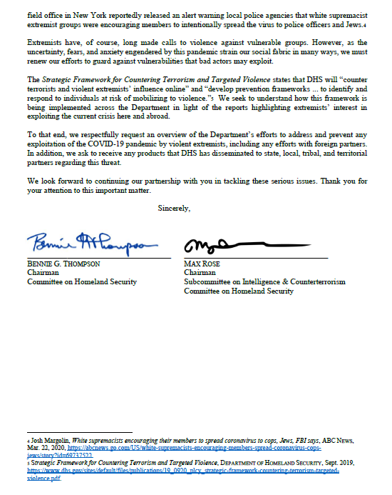 HomelandDems's tweet image. After reports this week show white supremacist extremists may try to take advantage of the coronavirus pandemic, Chairman @BennieGThompson &amp;amp; @RepMaxRose inquire on the Fed govt plans to counter this potential threat.