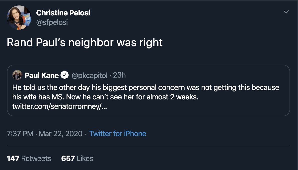 MEEchelleO's tweet photo. Oopsie. Guess Twatter accidentally deleted this tweet from #ChristinePelosi.
I'll put it back up cuz her mom Nancy is tryna get some goodies for @TheDemocrats!
-mao
#RandPaul #SparkOfDivinity #COVID2019 #NancyPelosi https://t.co/xvKg21COPm