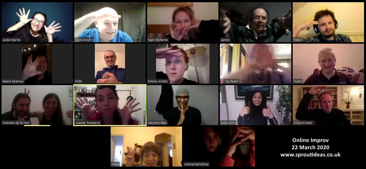 Our next online event is on Wednesday 25th March at 8pm.
Its free and no experience is necessary. Come along, meet people and get creative #improv #onlinelearning #improvisation 
Details here > facebook.com/sproutimpro/