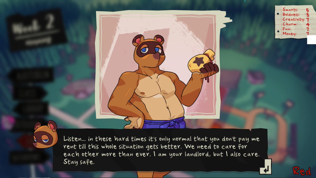 Imagine: daddy Tom Nook in a dating sim, giving you the landlord sexy talk that'd make anyone horny.

But for real: if you're a landlord &amp; you're in a financial situation that allows you to do this... consider doing it. 

Stay safe. 

#AnimalCrossing #AnimalCrossingNewHorizons