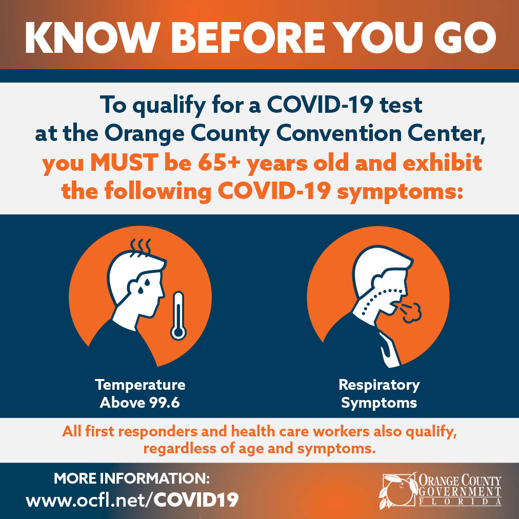 👀 Important information regarding the #COVID19 temporary testing site at  <a href="/OCCC/">Orange County Convention Center</a>'s North Concourse Parking Lot.

KNOW BEFORE YOU GO. Review the criteria if you are considering going, or referring some, to get tested. Visit ocfl.net/covid19 for more information.