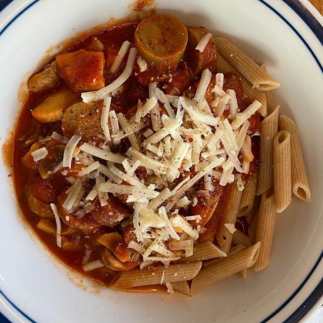 Veggie sausages, mushrooms, marinara sauce, Parmesan cheese and whole wheat pasta for dinner, yum yum! #dinner #food #foodphotography #iphone #shotoniphone #today #yummyfood #pasta #vegetarian ift.tt/2wqFtz5