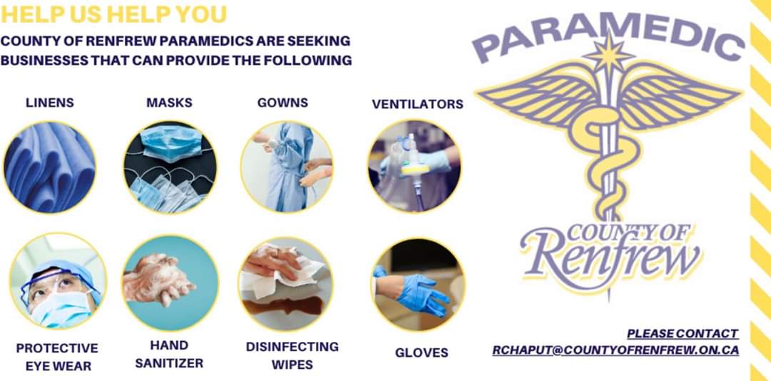 ChiefMNolan (@chiefmnolan) on Twitter photo Got stuff?
We are looking to shore up our reserves of Paramedic Protective Equipment and supplies. Help us help <a href="/RenfrewCounty/">County of Renfrew</a>.
Thank you. #COVID19 Got stuff?
We are looking to shore up our reserves of Paramedic Protective Equipment and supplies. Help us help <a href="/RenfrewCounty/">County of Renfrew</a>.
Thank you. #COVID19