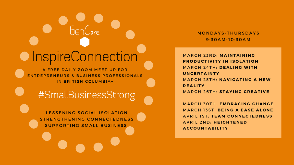GenesaCPA's tweet photo. Isolation doesn't have to be lonely, join GenCore Leadership on this free Daily Zoom Meet Up to strengthen community and help keep small businesses afloat. Let's see how we can support each other.
https://t.co/pWexi2BIQH https://t.co/vN90Po3Oy8