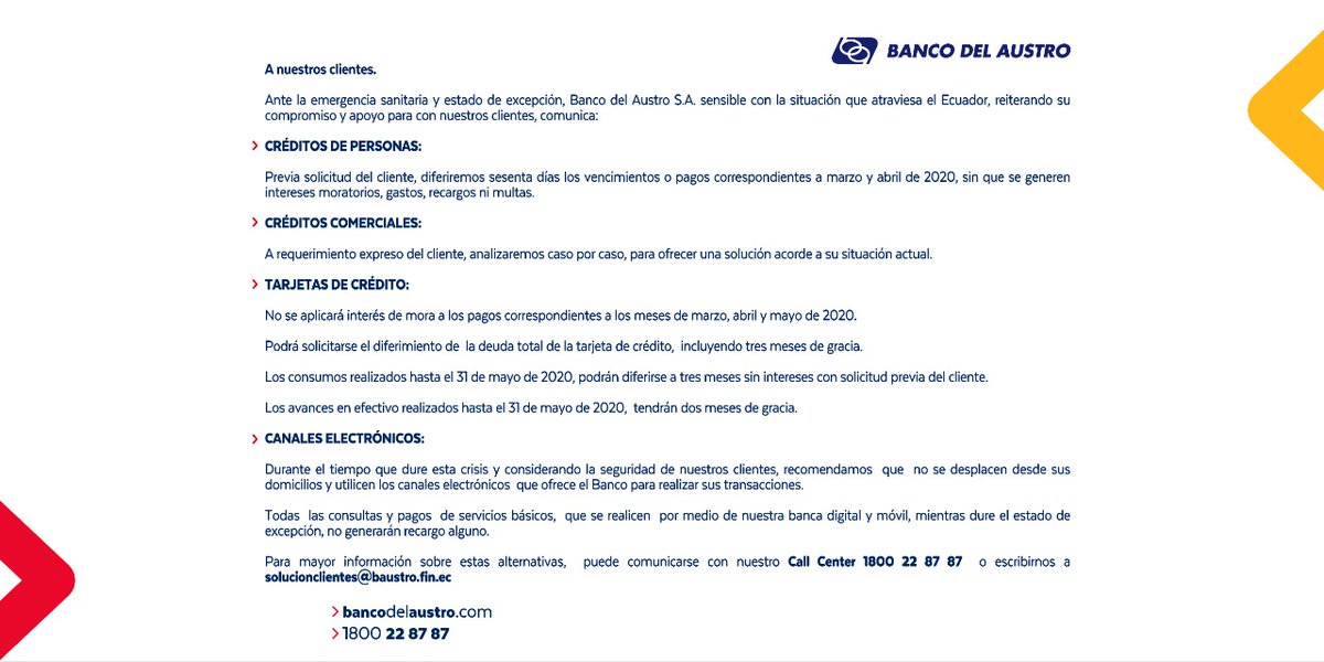 Banco Del Austro Twitterissa Ante La Emergencia Sanitaria Y Estado De Excepcion Banco Del Austro Sensible Con La Situacion Que Atraviesa El Ecuador Realiza El Siguiente Comunicado Recordamos Que Para Atender Sus