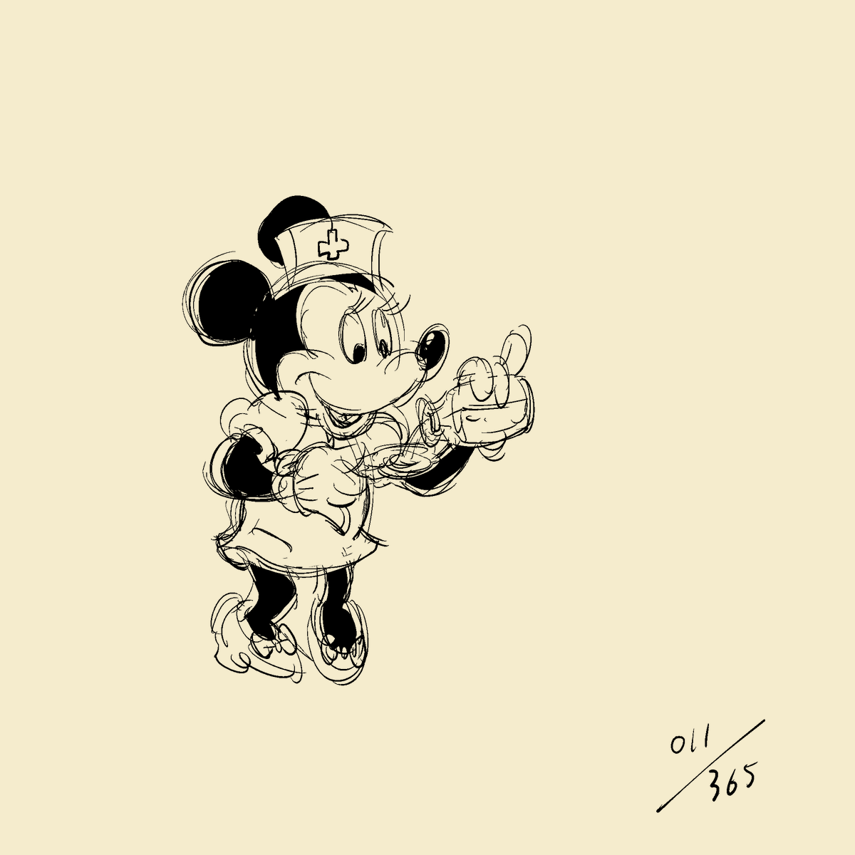 やじまけんじ お化けと風鈴6 2連載開始 今日は薬をスプーンに入れるミニー 造形はミッキー とほぼ同じだが 動きが違う 気が付いた一番大きいポイントは 線が気持ち悪い感じに重ならない こと それぞれのパーツのシルエットが重ならないように描かれて