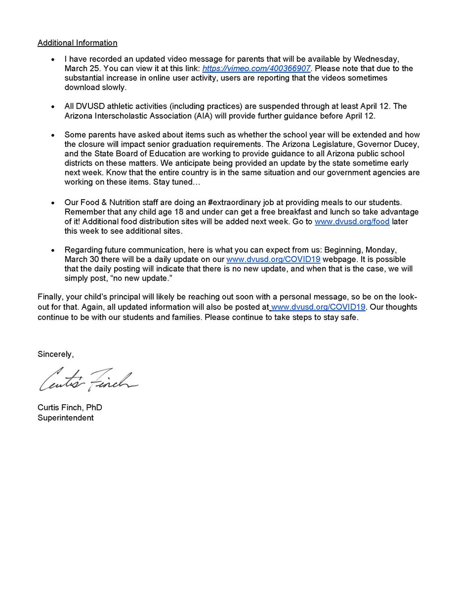 DVUSD's tweet photo. ONLINE LEARNING FOR ALL DVUSD STUDENTS - COMING SOON!

UPDATE: March 24 Letter to Families - Read the latest information:
https://t.co/TN0PmaNB1l 

WATCH: Dr. Finch's Message - updated March 24:
https://t.co/UVMLn347ry

Take the Tech Survey from the link emailed to parents. https://t.co/QCZiUAtYCx