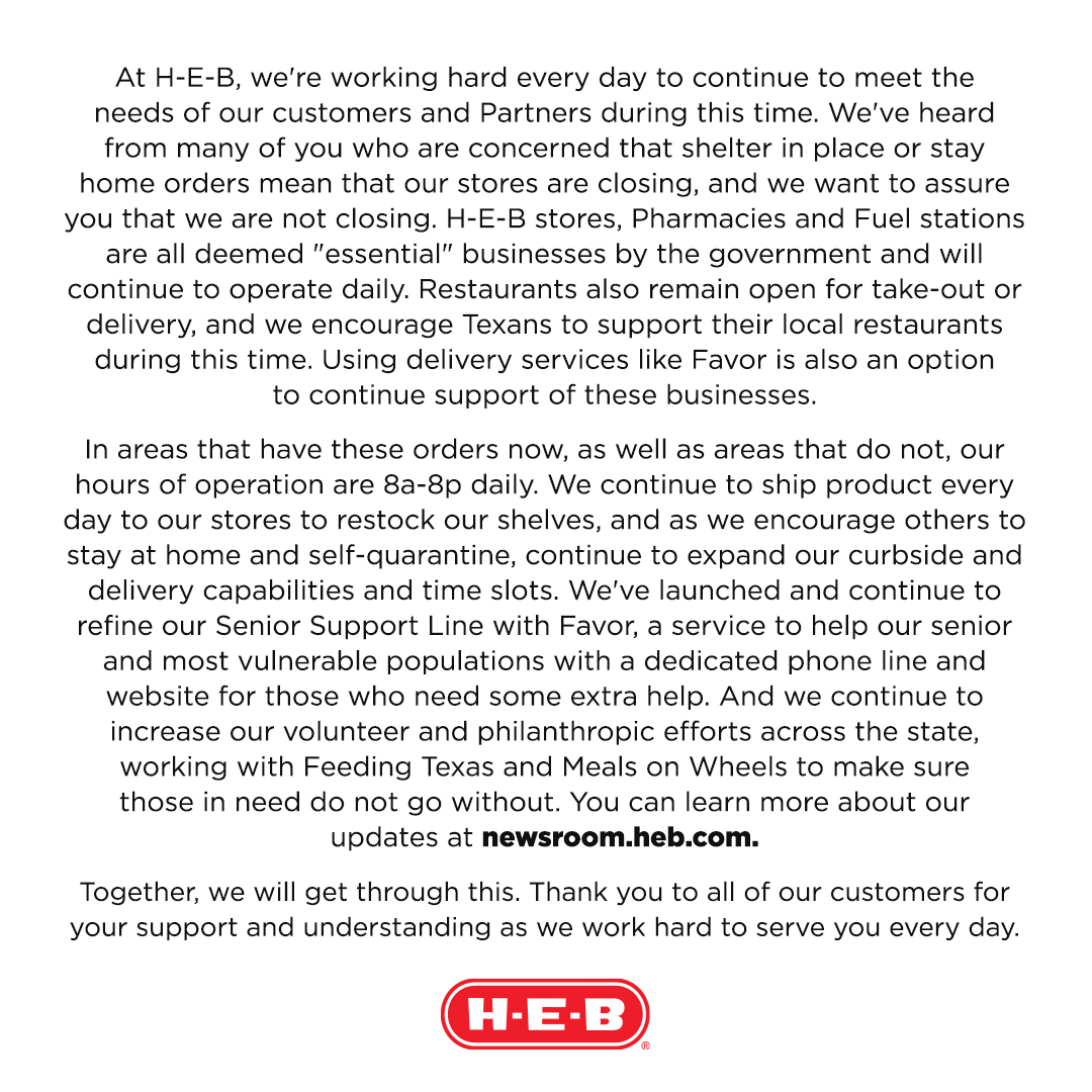 HEB's tweet photo. A note for our customers, as H-E-B stores continue to stay open to support Texas. https://t.co/P0KcMHMFTu