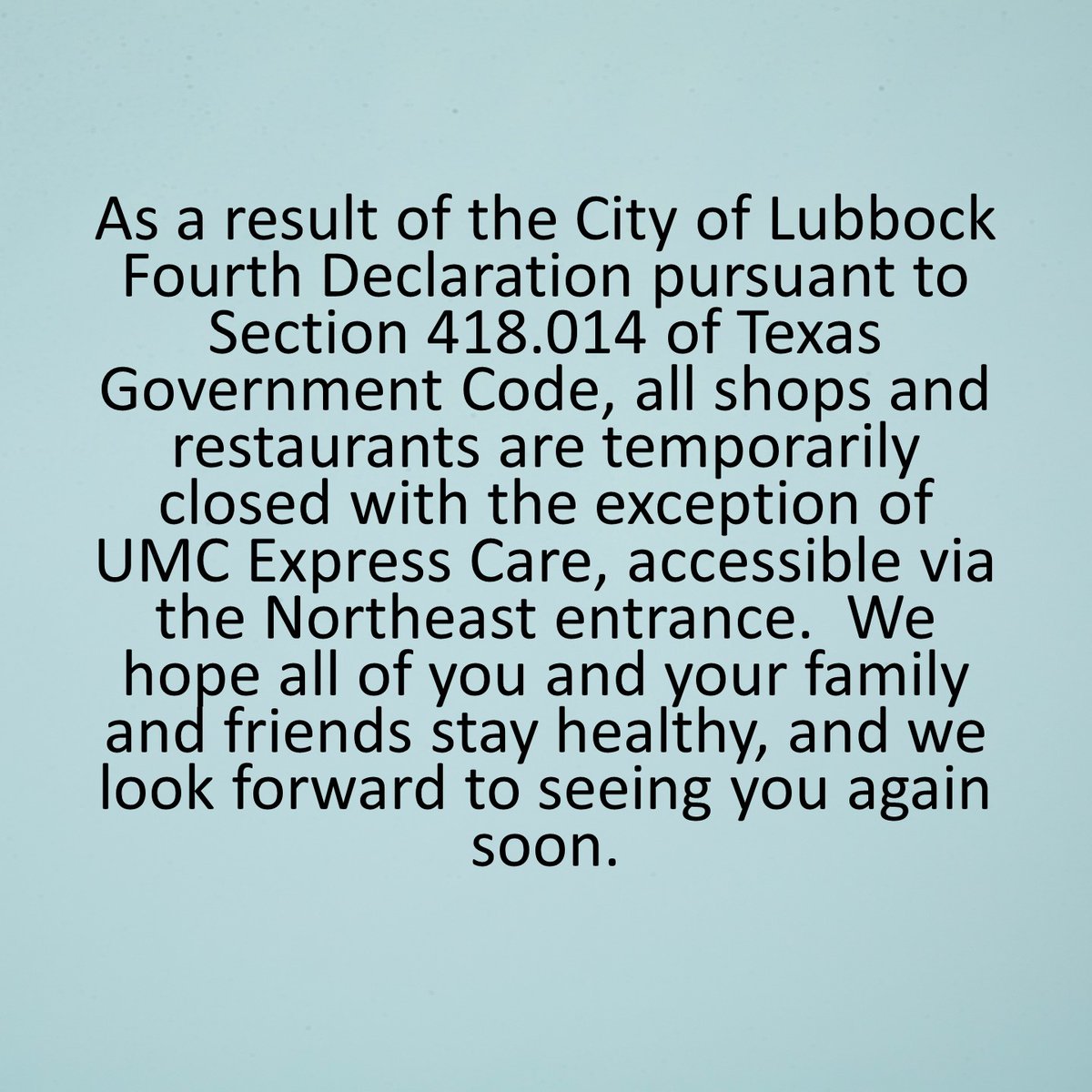 We hope all of you and your family and friends stay healthy, and we look forward to seeing you again. Visit our website for a list of essential retail and restaurants: bit.ly/2vQLvsq