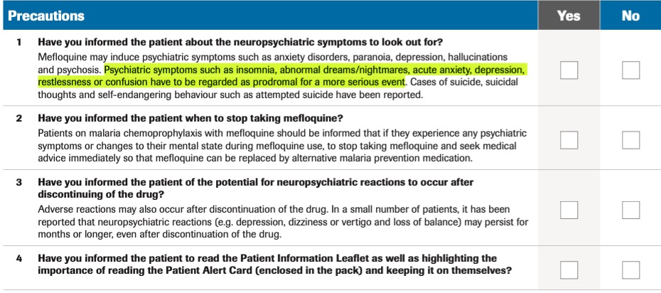 These very same symptoms would go on to inform the warnings for use of a later antimalarial quinoline, mefloquine (Lariam). Users are warned to immediately discontinue the drug at the onset of such symptoms, which  "have to be regarded as prodromal for a more serious event".