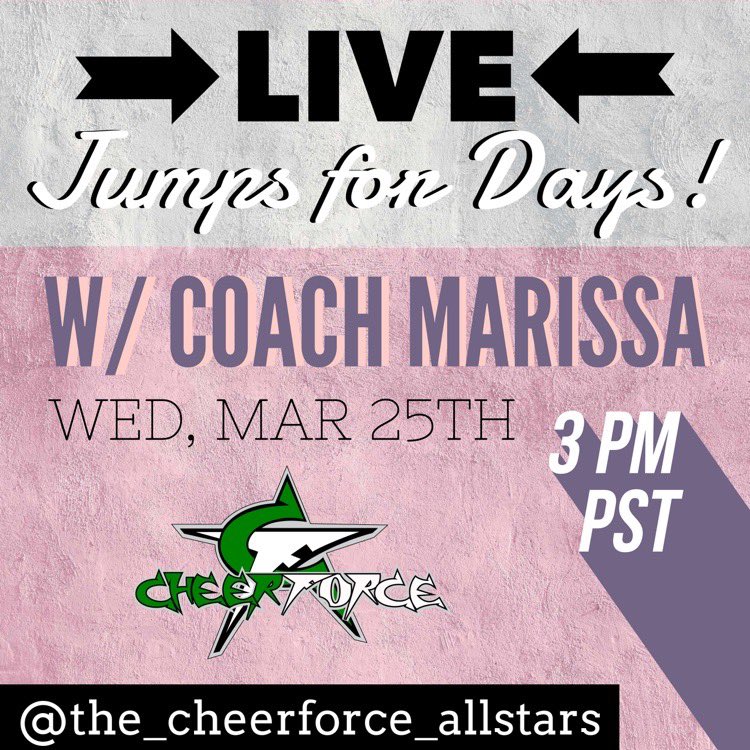 CheerForceCA's tweet image. Join us LIVE on Instagram this Wednesday and get ready to JUMP with Blink coach @marissaldridge ! #cheerforce #onenationundergreen #stayhome
@CheerforceSD @CheerForceOC  @CheerForceSimi @CF_Fresno