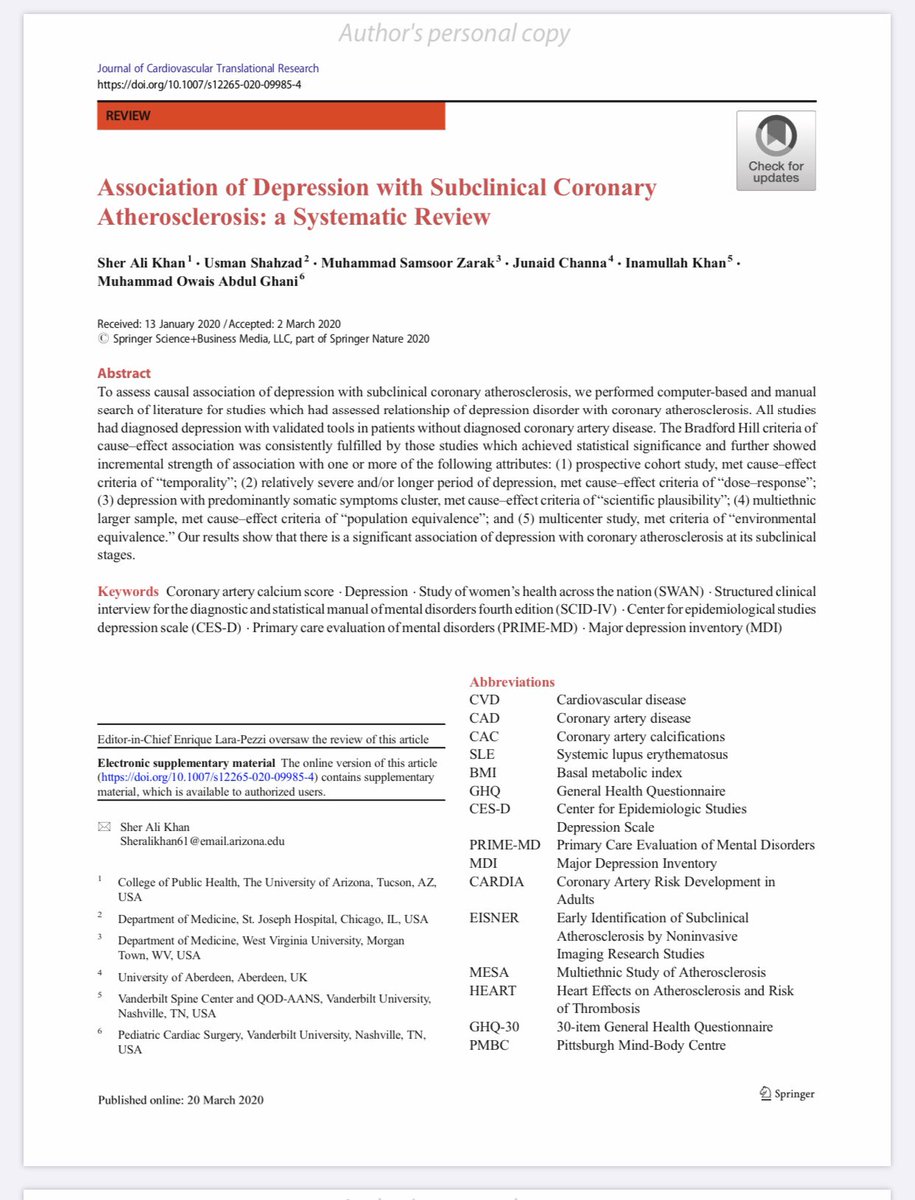 Our findings regarding the casual association of Depression with coronary artery disease. 

link.springer.com/article/10.100… 

#systematicreview #Cardiology #depression #atherosclerosis #cad #cardiologist #medicine #communityhealth #prevention  #primaryprevention