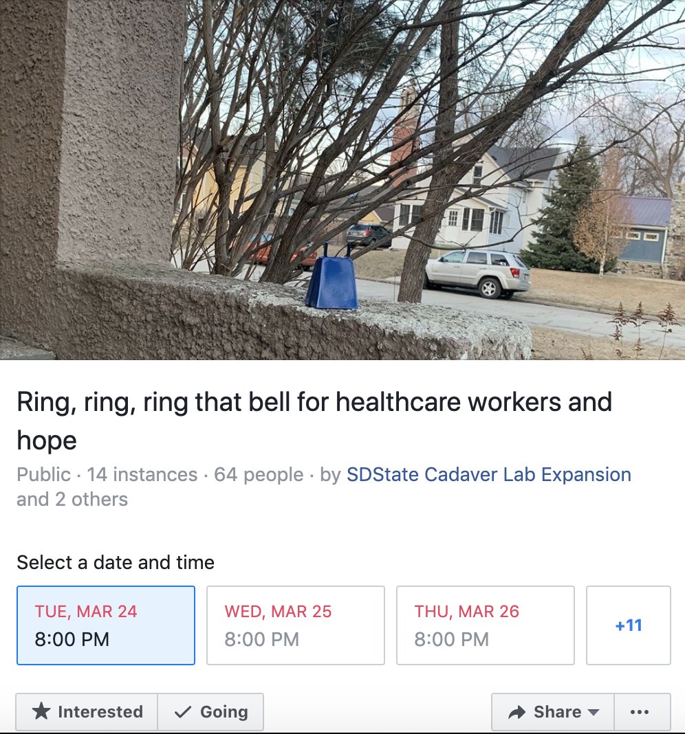Ring a bell, bang a pot, make some noise for the healthcare workers putting their lives on the line for our community, state, nation and world. 8:00 every night for 60 seconds :-) 
facebook.com/events/2634273…