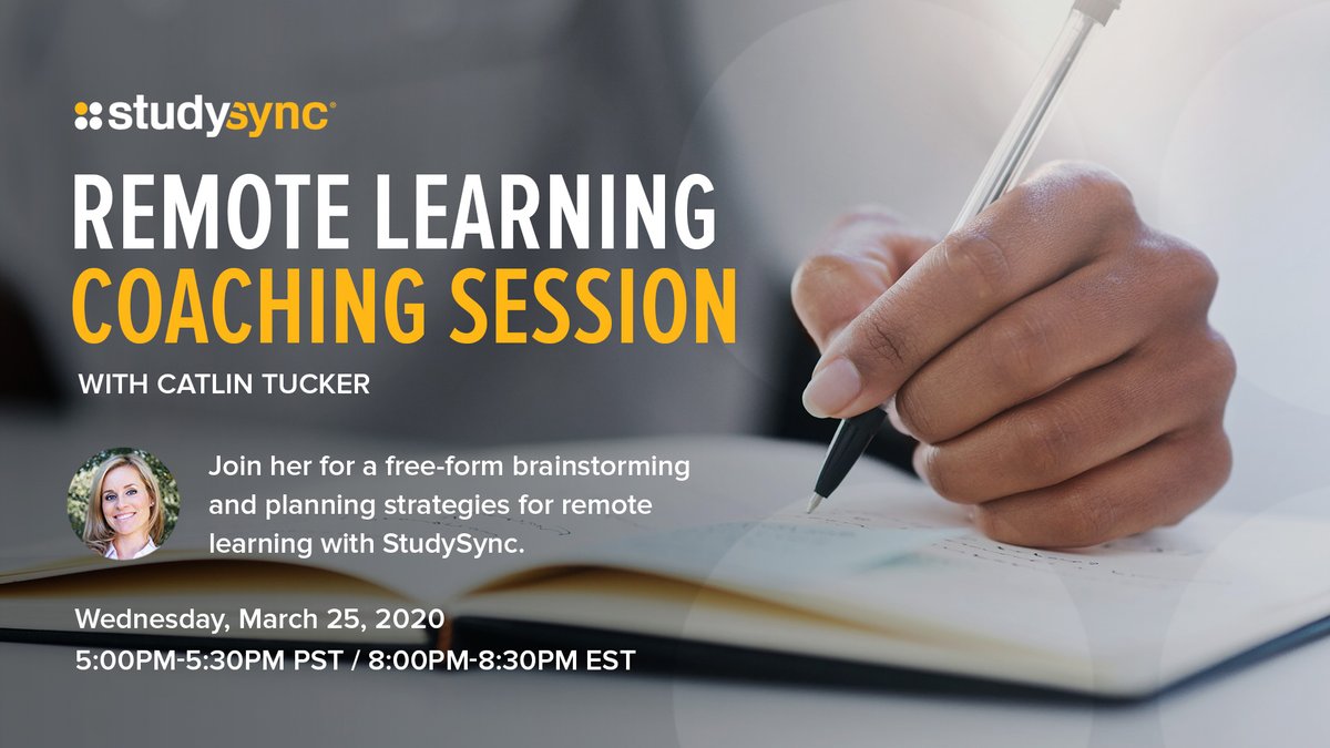 ✍🏼<a href="/Catlin_Tucker/">Dr. Catlin Tucker</a> will be hosting a LIVE coaching session with #StudySync teachers! Come with your Questions ready. Log in on Wednesday at 8pm EST and join us: bit.ly/33HD4vZ