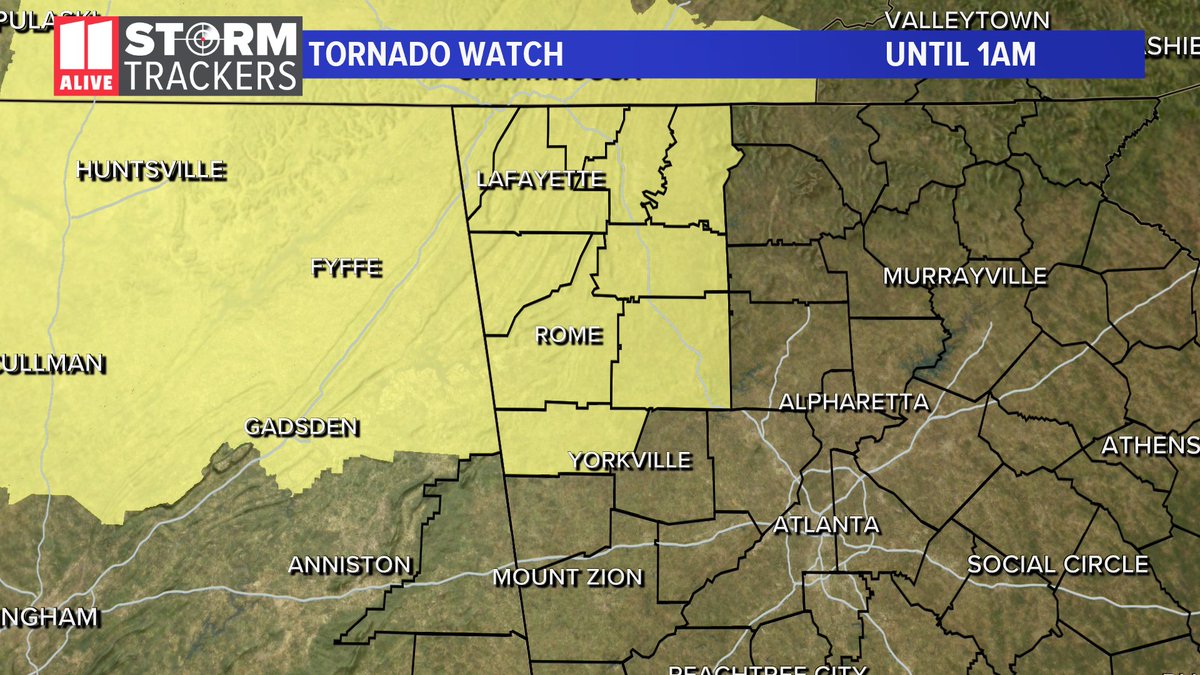 ChrisHolcomb's tweet photo. Tornado watch for NW GA until 1am. Tracking strong storms in Alabama moving eastward into NW over the next few hours. Tune in to WATL for weather updates during #PrimetimeATL. #Storm11 https://t.co/BZDvLTcNcr