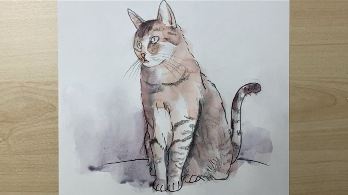day 8 part 2, aka making up for not doing anything yesterday: a light and messy watercolor cat from  @yongchen1 video tutorial i followed: 