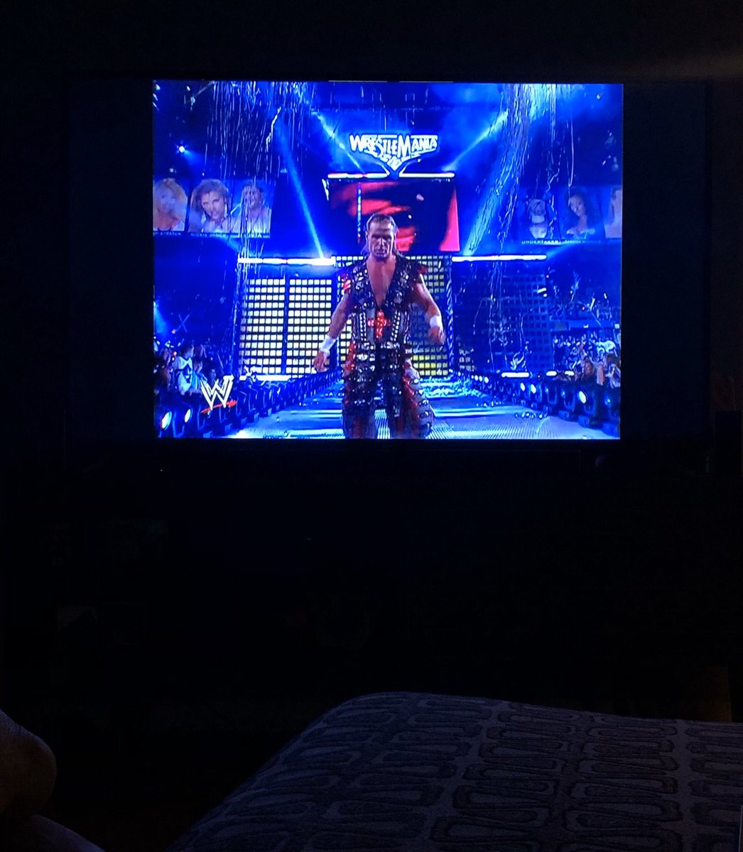 katiefrausto's tweet photo. So this is my life now...@WWE has all WrestleMania’s for free if you didn’t know...you’re welcome. @ShawnMichaels #handsoffthemerchandise #hbk #WrestleMania #MrWrestleMania https://t.co/adgFgG0pgw