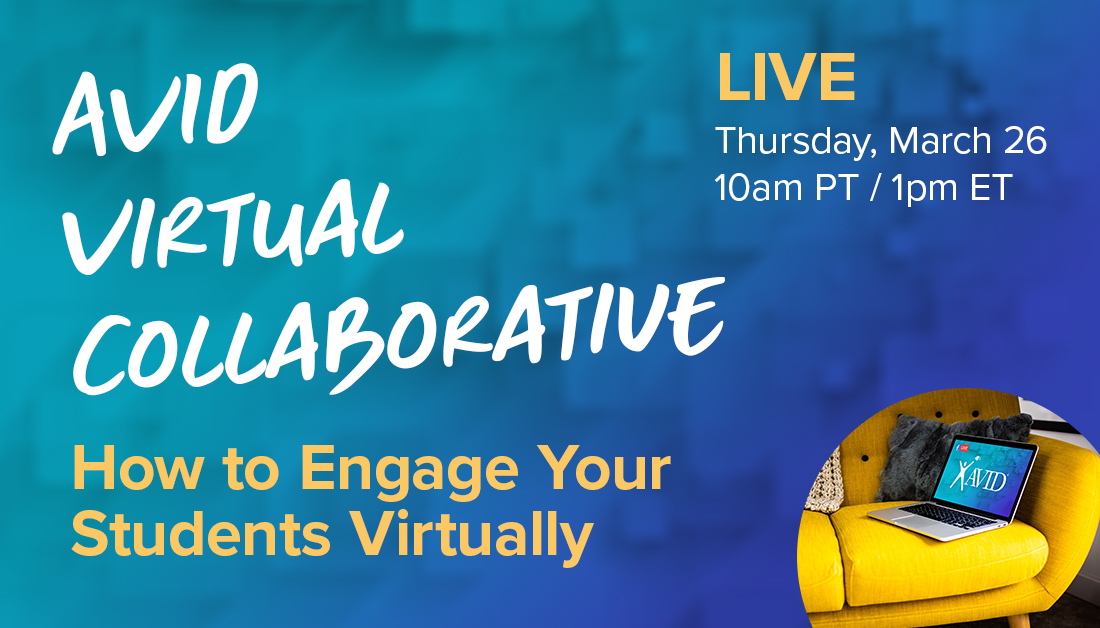 Join us this Thursday as we explore ways to engage students virtually during #QuaranTeach! All educators are welcome. Learn more: bit.ly/2JdqZ8h
#ThisIsAVID #Education #teaching #teacher #edleadership #CPChat #SuptChat #EdChat