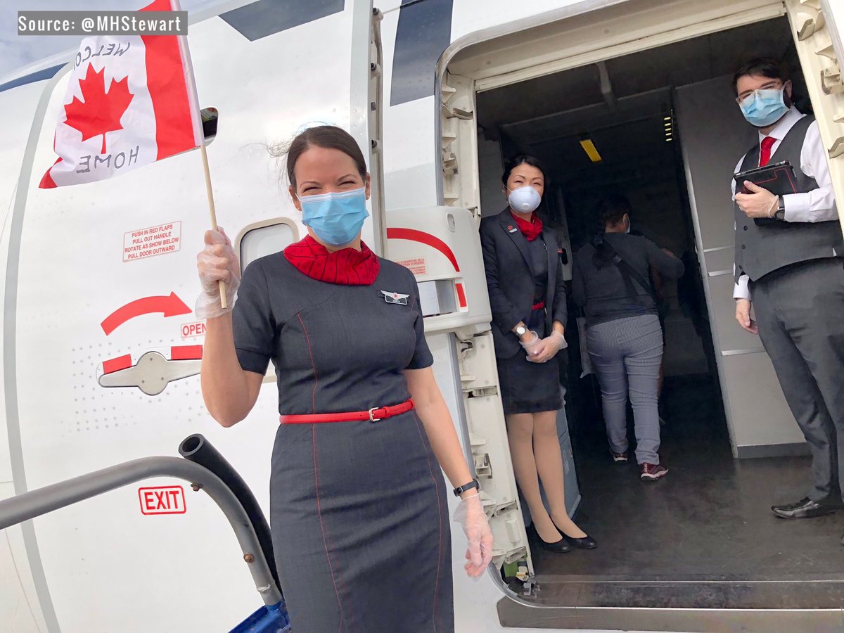 TomPodolec's tweet photo. Air Canada crew, holding a Canadian flag with Welcome Home on it, greets Canadians as they board #AC2012 in Lima, Peru. They will arrive in Toronto after midnight tonight. First of three repatriation flights Air Canada is doing from Lima. #COVID19
https://t.co/LfDAvHz7aO https://t.co/REfkoOxukO
