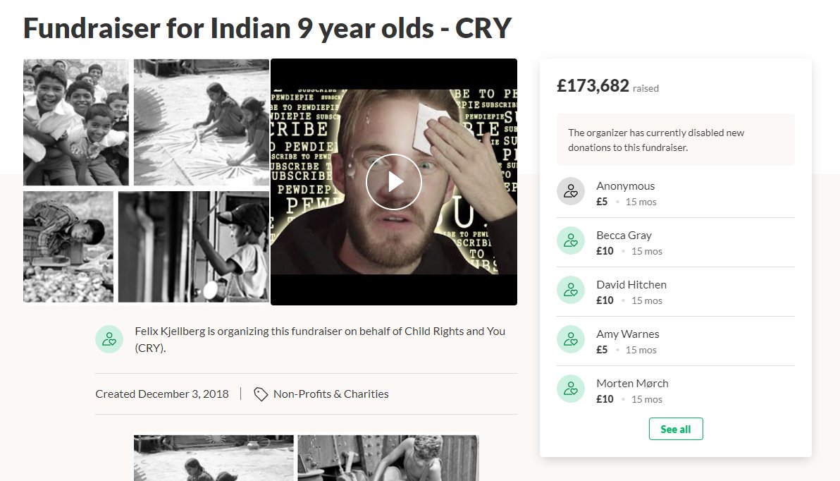 remember when pewdiepie tried to save face for the weird racist shit he did against indians by tweeting a gofundme for underprivileged indian children and everyone was meant to pretend his fans donating $170k (less than 0.6% of his own net worth) showed he was a true humanitarian