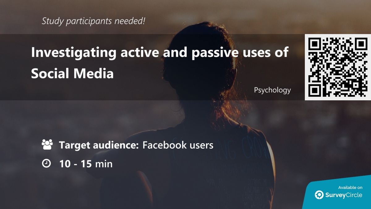 daily_research's tweet image. Participants needed for online survey!

Topic: &quot;Investigating active and passive uses of Social Media&quot; surveycircle.com/en/surveys/?cr… via @SurveyCircle

#facebook #SocialAnxiety #ActiveUse #PassiveUse #SocialMedia #anxiety #survey #surveycircle