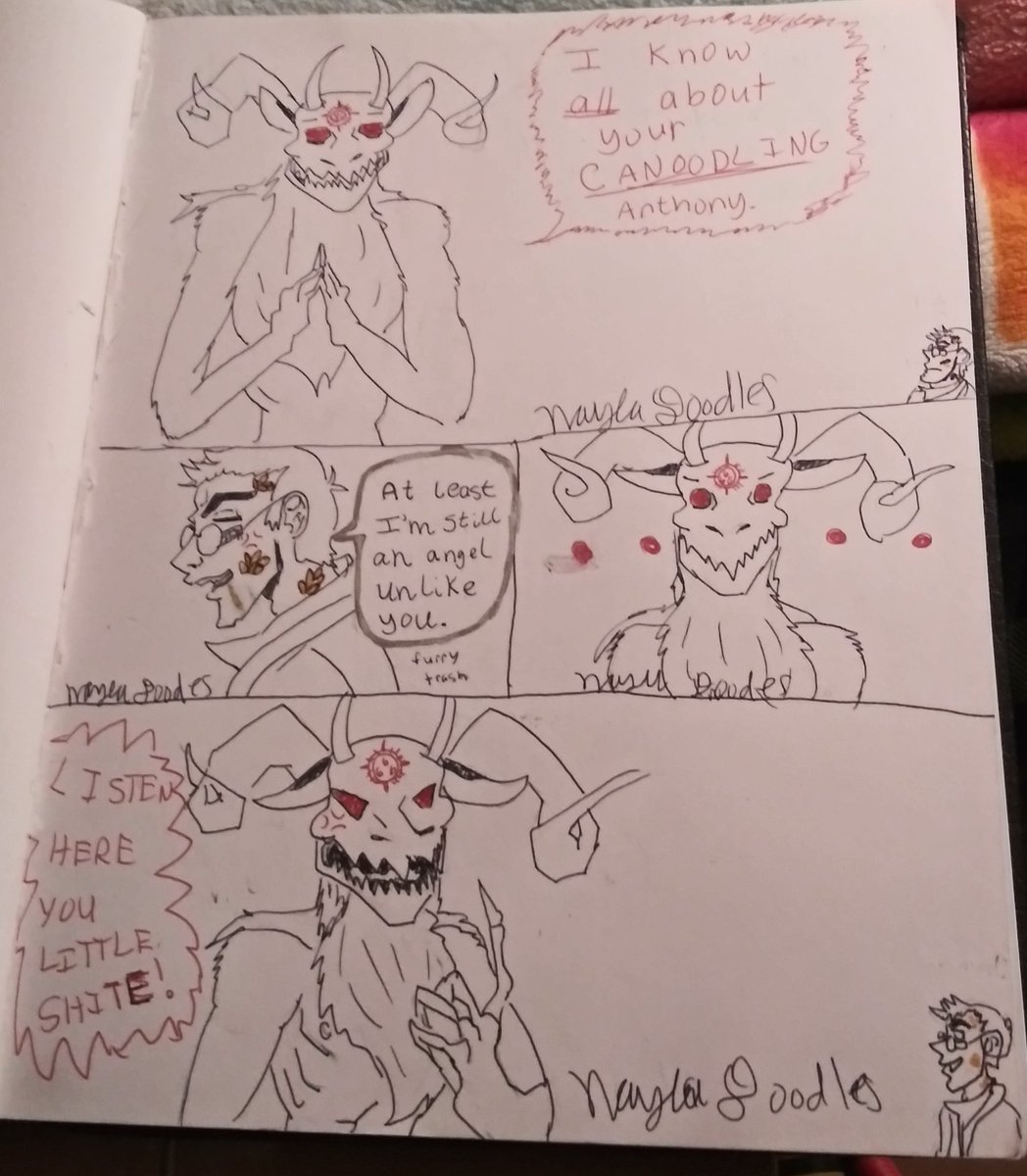 NaylaDoodles's tweet photo. For @speremint
GoFeral is amazing
but my brain saw Lucifer's pose in the update and went: Oh he looks like he's calling someone a lil shit.
#goferalcomic #GoodOmens #reverseau #canoodling #needsomeiceforthatburn
#throwingshade https://t.co/D3T4dydzFK