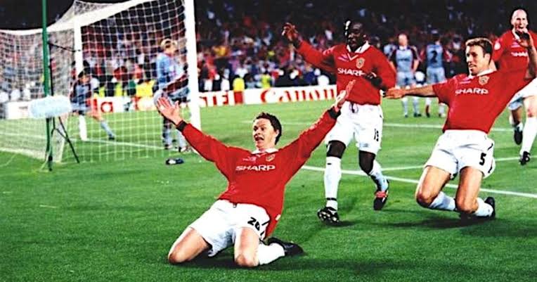 In the 1998–99 season, United became the first team to win the Premier League, FA Cup & Champions League – "The Treble" – in the same season. Losing 1–0 going into injury time in the 1999 Champions League Final, Sheringham & Solskjær scored late goals to claim a dramatic victory.