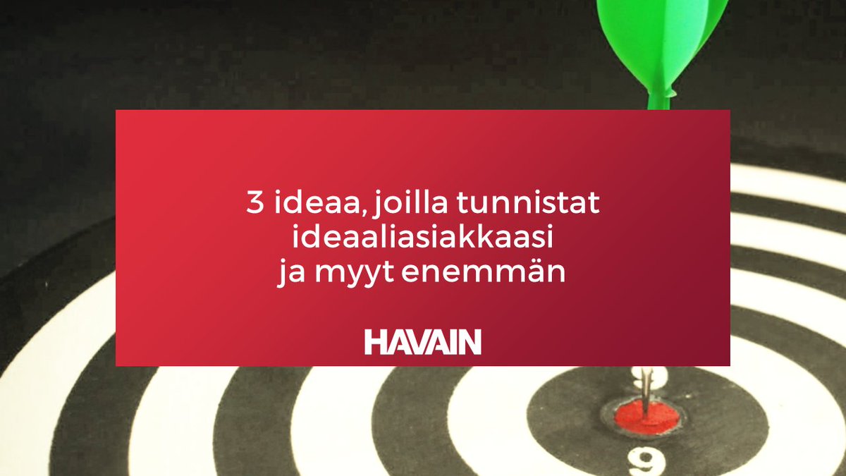 Miten yrityksesi myyntilukuihin vaikuttaisi se, jos tunnistaisit ideaaliostajasi?

Siis sen yrityksen ja henkilön, joka ostaa sinulta useimmin, helpoiten ja eniten...

Tässä on sinulle 3 ideaa, joilla tunnistat ideaaliasiakkaasi: bit.ly/2SVGuGz

#Myynti #Markkinointi