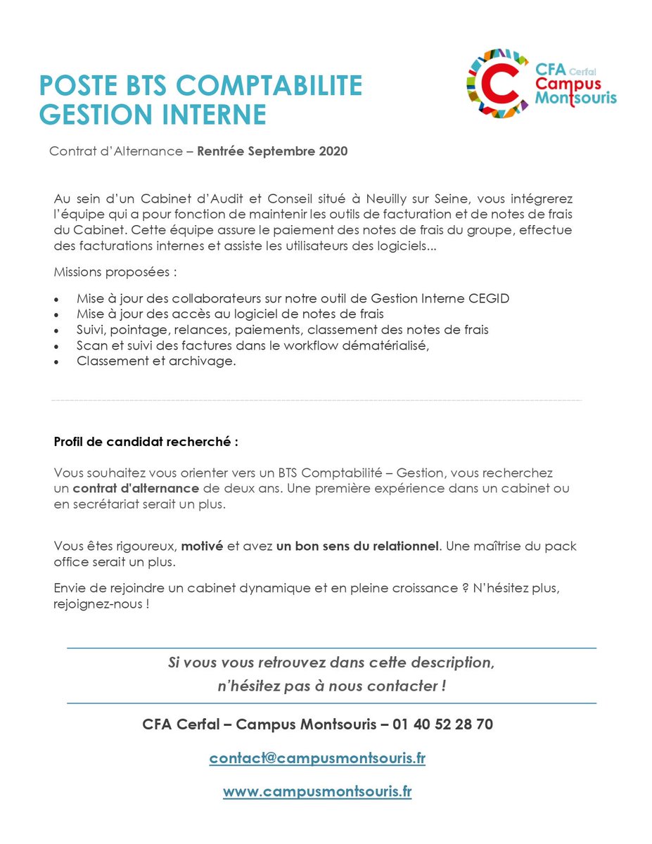 CFA_CMontsouris's tweet photo. 💻 Le recrutement continue ! 
➡️ Vous souhaitez faire un BTS Comptabilité Gestion en alternance en 2020 ? Cette offre de contrat n'attend que vous ! 
👉 Candidatez sur : https://t.co/MqeEkTJGTa #apprentissage #formation #alternance #recrutement #restezchezvous https://t.co/q8n56LfFh8