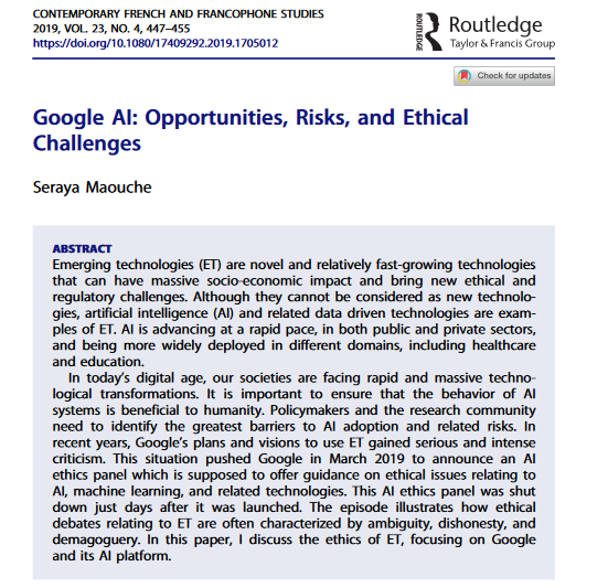 #Ethique &amp; #TechnologiesEmergentes
#Google AI: Opportunities, Risks, and Ethical Challenges
via <a href="/tandfonline/">Taylor & Francis Research Insights</a>
tandfonline.com/doi/full/10.10…

#IntelligenceArtificielle #ArtificialIntelligence