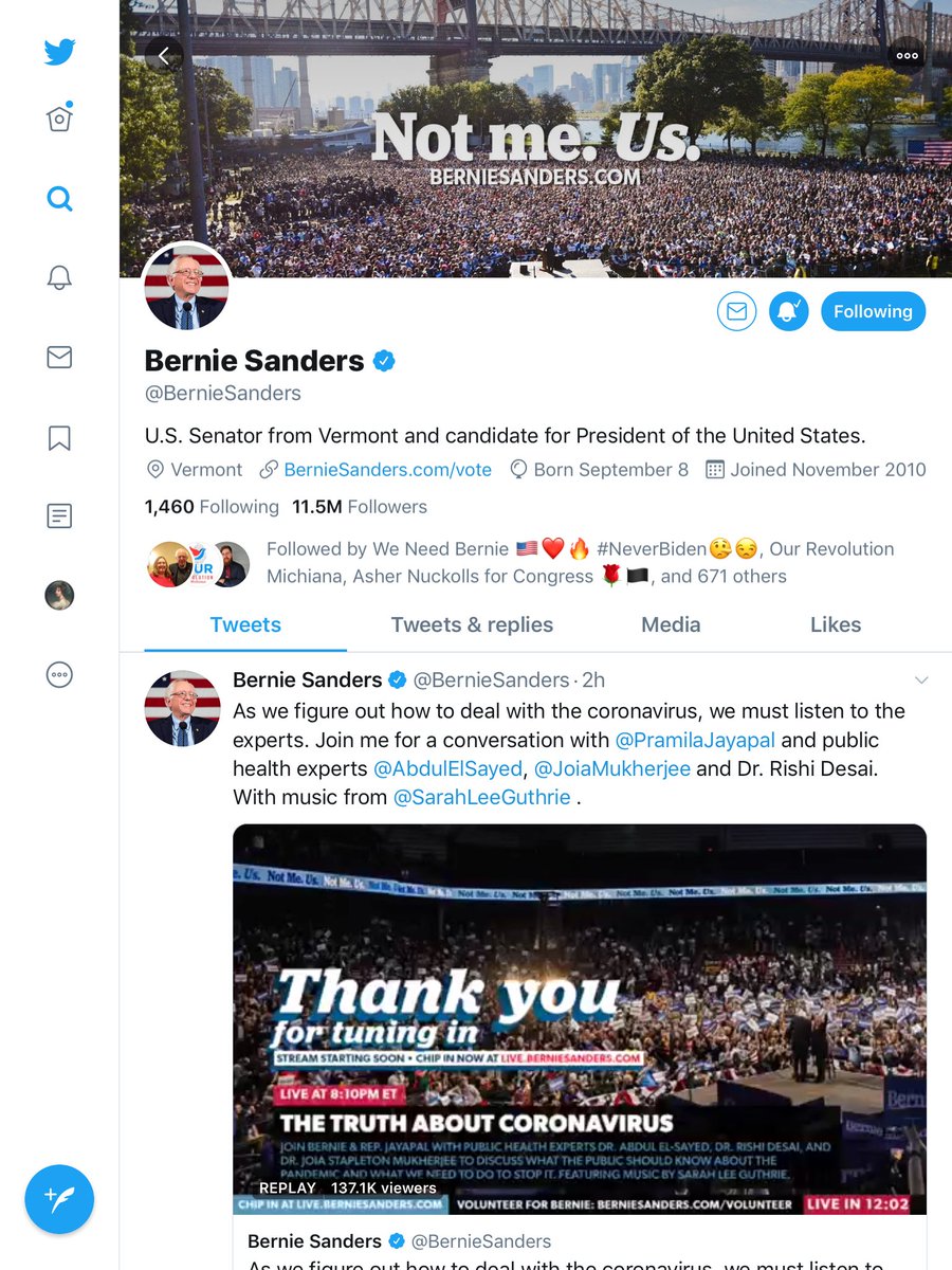 nellvwiley's tweet image. Bernie’s Twitter account has jumped by 300K followers in the last two weeks. He gained 100K new followers since Friday. His constant streaming of conferences &amp;amp; town halls on #COVID19 is bringing people in. I’m ready for the next #DemDebate.

#BernieSanders #BernieIsOurFDR