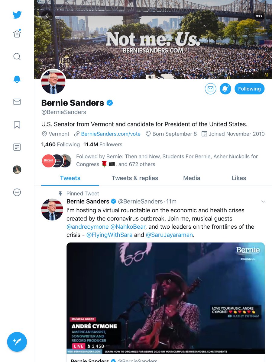 nellvwiley's tweet image. Bernie’s Twitter account has jumped by 300K followers in the last two weeks. He gained 100K new followers since Friday. His constant streaming of conferences &amp;amp; town halls on #COVID19 is bringing people in. I’m ready for the next #DemDebate.

#BernieSanders #BernieIsOurFDR