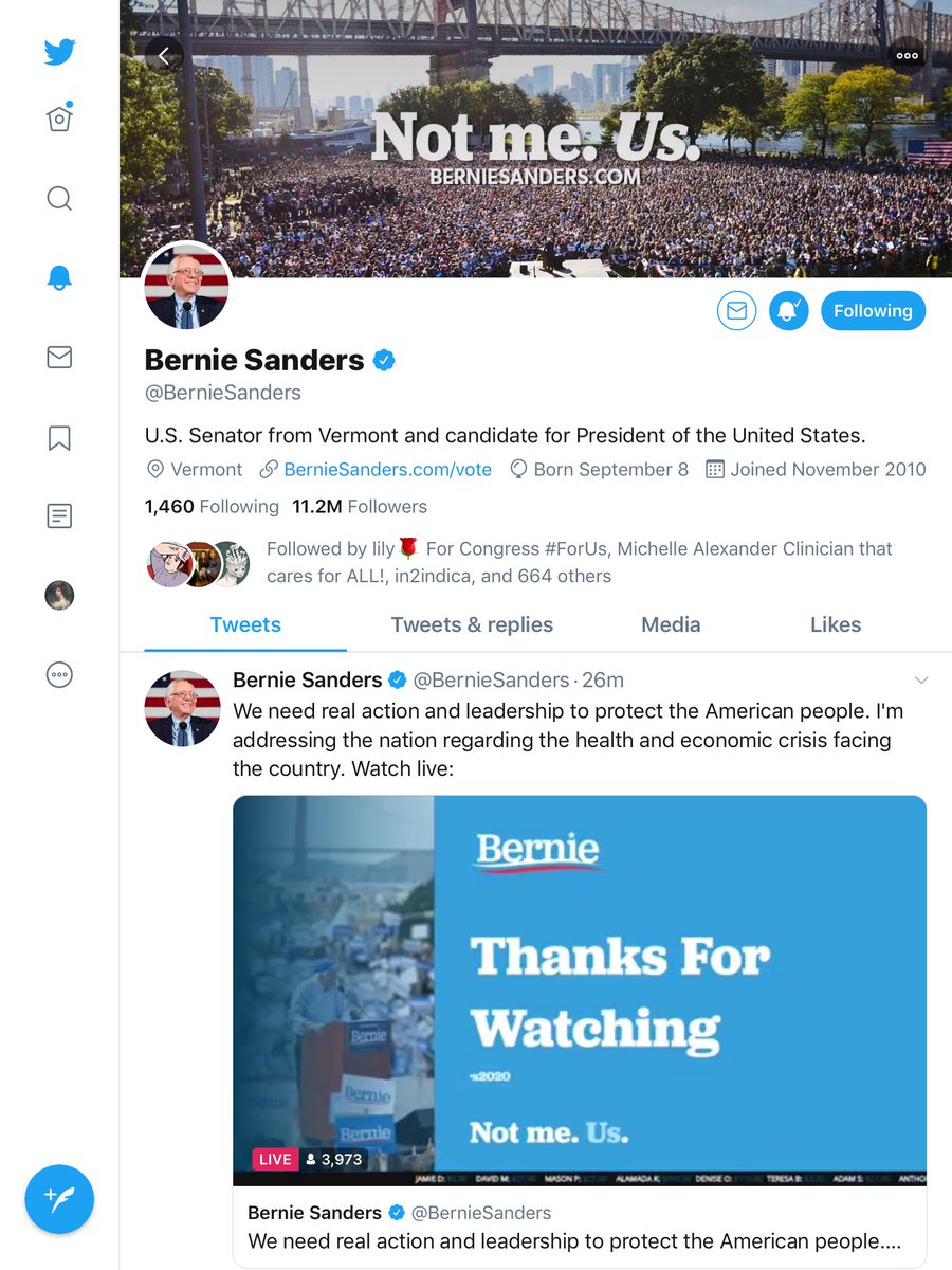 nellvwiley's tweet image. Bernie’s Twitter account has jumped by 300K followers in the last two weeks. He gained 100K new followers since Friday. His constant streaming of conferences &amp;amp; town halls on #COVID19 is bringing people in. I’m ready for the next #DemDebate.

#BernieSanders #BernieIsOurFDR
