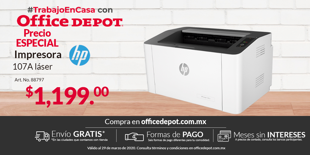 Uživatel Office Depot México na Twitteru: „#TrabajoEnCasa con Office Depot.  Impresora HP láser 107A a $1,199 pesos. Compra papelería, tecnología y  oficina en /E73A4PyAJg y recibe envío GRATIS*. Válido al 29 de