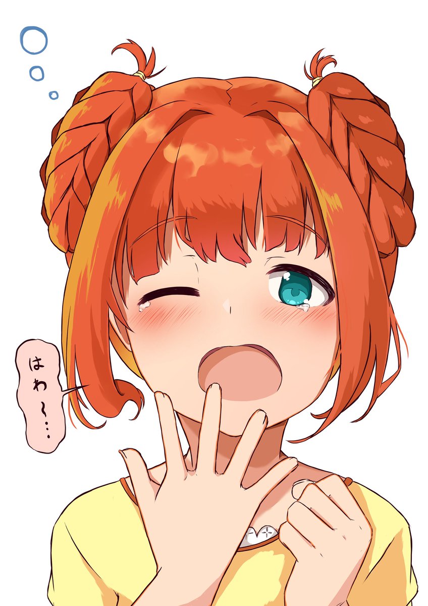 takatsuki yayoi 1girl yawning solo one eye closed orange hair open mouth white background  illustration images