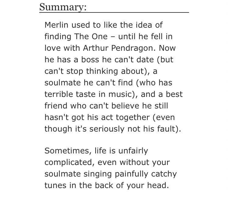 • Hear Your Heart Sing (Love, Love, Love) by schweet_heart  - merlin/arthur  - Rated M  - modern au, soulmates au  - 15,834 words  https://archiveofourown.org/works/14736114/chapters/34064988