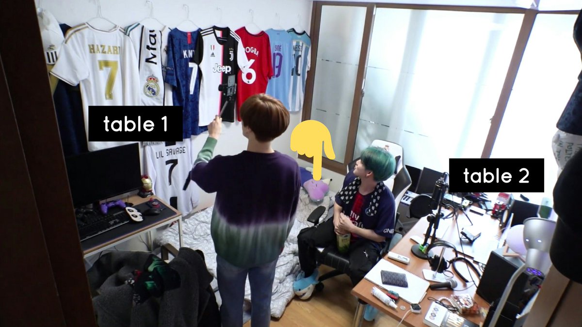 3) HYUNSUK's room details:- no roommate- no bed, just mattress on the floor- a soccer heaven- got 2 PC tables- treasured lee hi 24°C album- a plushie is spotted