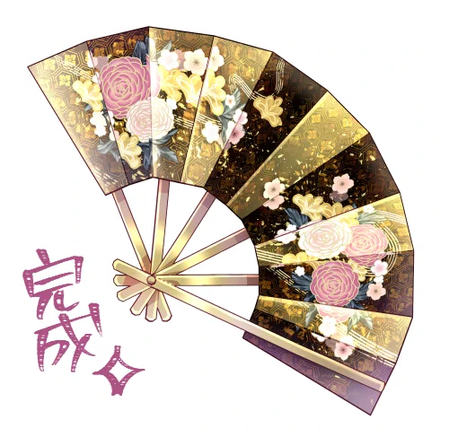メイキング(3/3)
①扇の模様を作ります。服のお花を流用しつつ松模様など足していきます。
②あれこれやって完成。
③他の小物やイラストに載せるロゴも用意します。
④細かい部分にアニメジャパンのマークやアニメジャパン→亜弐目日本の文字を入れてます。 