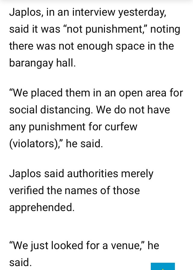 Mariing kinukundena ng representasyong ito ang hindi makataong parusang pinapatupad ng naturang baranggay sa mga curfew violators. Sa umiigting na kawalan ng checks & balances & presensya ng state forces sa gubyerno ay pinag-iingat ang lahat mula sa abuso sa karapatang pantao.