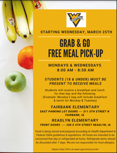 Don't forget that tomorrow is the first day of free meal pick-ups at both Readlyn and Fairbank Elementary for students under 18! #warriorway #bettertogether
