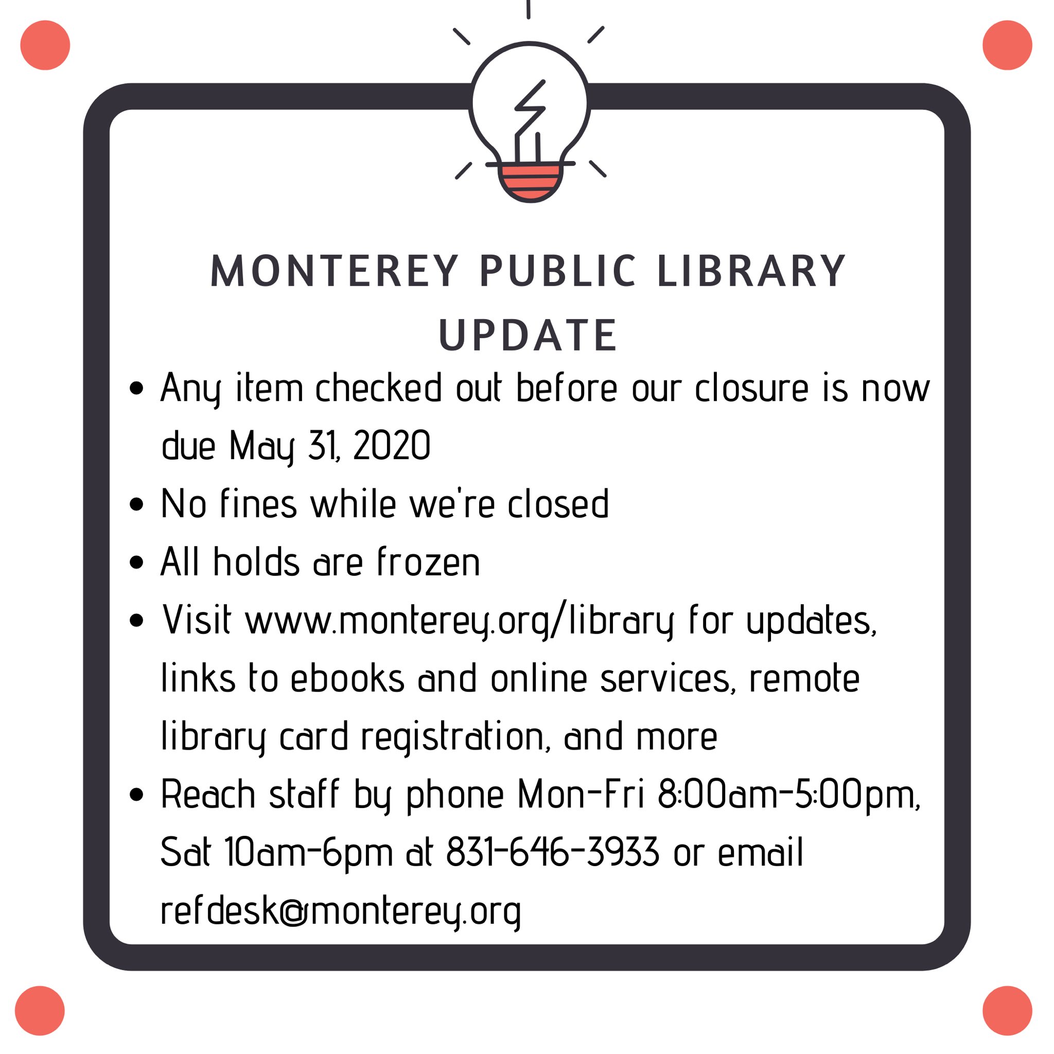 Monterey Public Library on Twitter "We may be closed but we have staff